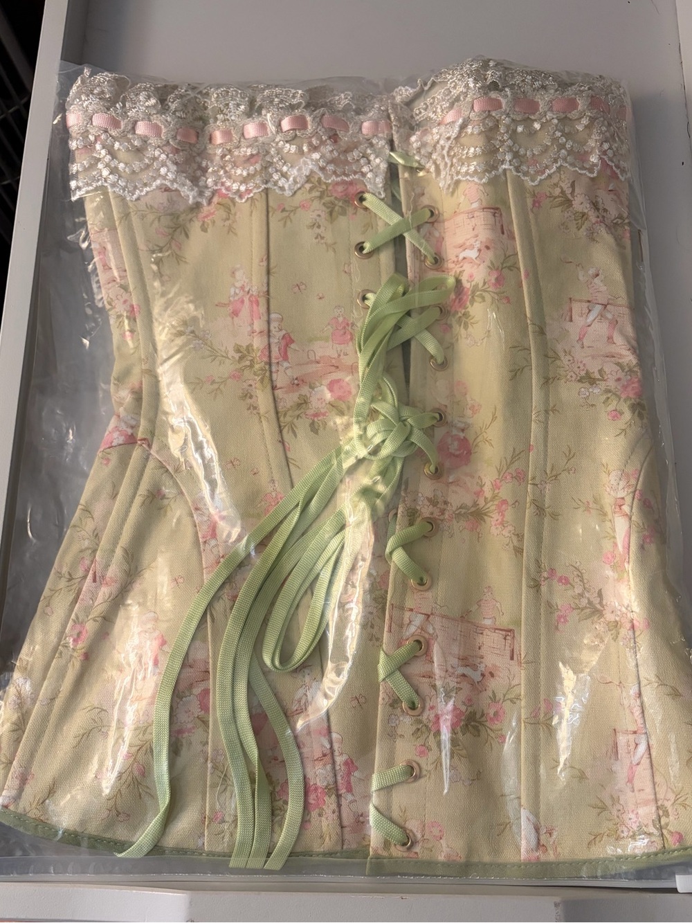 Floral Lace-Trim Corset in Pale Green and Pink NWT S